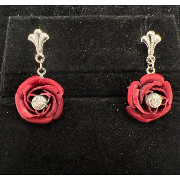 Handcrafted Red Rose Drop Earrings With Silver Accents & Clip-On Backs - Picture 2 of 7